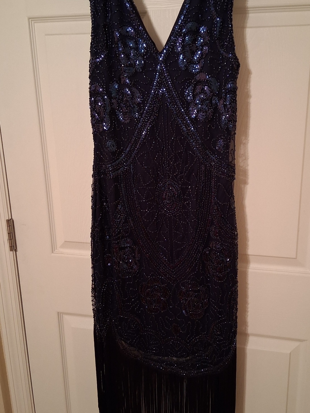 Beaded Flapper V-Neck Fringe Navy Blue Dress